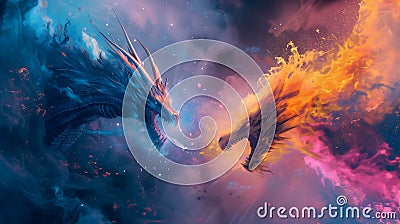 Celestial Clash of Fire and Ice Dragons Cartoon Illustration