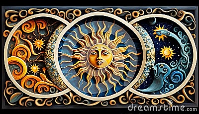 Celestial Dance of the Sun, Earth, and Moon Tongues, Majestic and Mysterious, Made with Generative AI Stock Photo