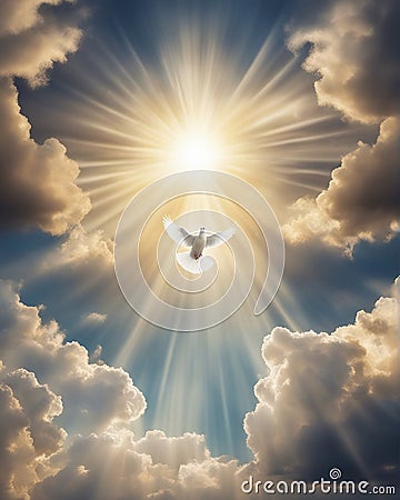 White dove signal and divine light coming from above skies Stock Photo