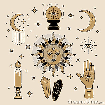 Celestial Magic gold colour illustration of icons and symbols of sun, moon, crystals, evil eye, witch hands Vector Illustration