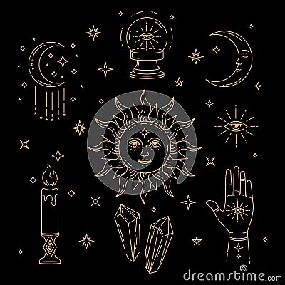 Celestial Magic outline gold illustration of icons and symbols of sun, moon, crystals, evil eye, witch hands Vector Illustration