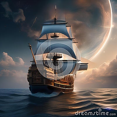 A celestial mariner, navigating a ship with sails made of cosmic clouds on the endless sea of space4 Stock Photo