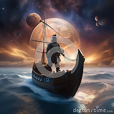 A celestial mariner, navigating a ship with sails made of cosmic nebulae through the endless sea of space1 Stock Photo