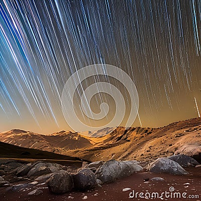 1565 Celestial Meteor Shower: A mesmerizing and celestial background featuring a meteor shower with shooting stars, cosmic dust, Stock Photo