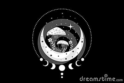 Celestial Mystical boho mushrooms, magic Amanita Muscaria with moon and stars, witchcraft symbol, witchy esoteric logo Vector Illustration