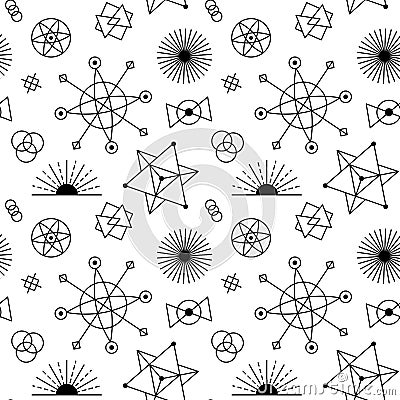 Celestial pattern background. Seamless sacred astrology texture with sun, moon and black cosmic geometric shapes Vector Illustration