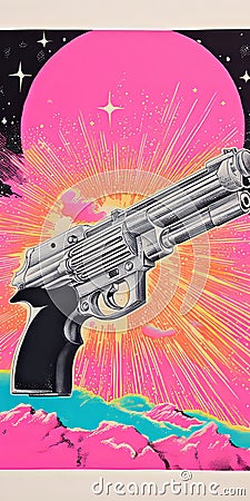 Celestial Pink Gun: A Pop Art Illustration Inspired By Noriyoshi Ohrai Stock Photo