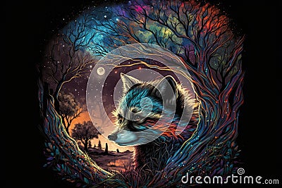 Celestial racoon vision or spirit, psychedelic imaginary creature, AI Generative panoramic banner Stock Photo