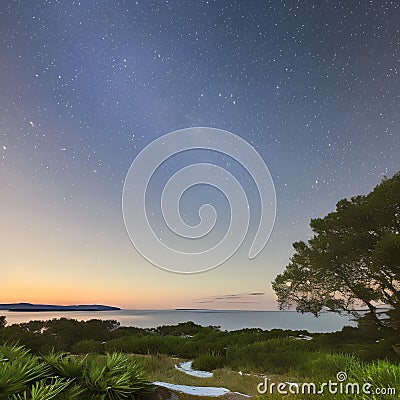 1534 Celestial Starry Sky: A celestial and captivating background featuring a night sky filled with stars, a crescent moon, and Stock Photo