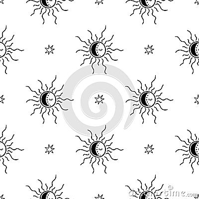 Celestial sun pattern. Magic seamless background with sun, moon, stars, eyes vector design. Stock Photo