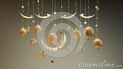 a celestial-themed mobile with golden stars and crescent moons suspended against a pure white backdrop Stock Photo