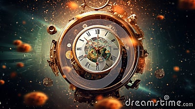 Celestial Timewarp Clock in Space Showcasing Times Infinite Reach. Generative AI Stock Photo