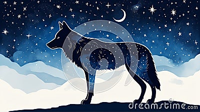 Celestial wolf silhouette against starry night sky with mountains Stock Photo