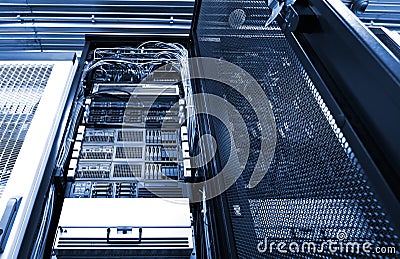 Cell equipment module of cellular data terminal at work. Radio station interior with technical row Stock Photo