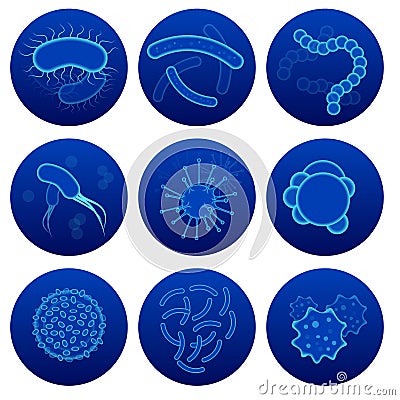 Cell, microscopic macro cell, bacteria, virus. Set of micro-organisms disease-causing objects, different types, bacteria Vector Illustration