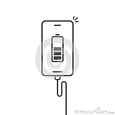 Cell phone charging vector icon or mobile smartphone connected via usb cable charger adapter line outline art isolated on white, Vector Illustration