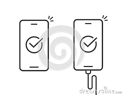Cell phone check mark apply simple pictogram graphic vector line outline art, mobile smartphone charge status checkmark done, Vector Illustration