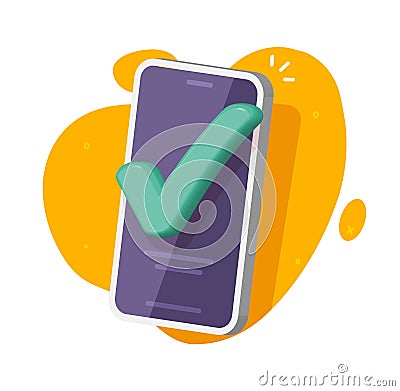 Cell phone 3d check mark vote poll icon vector graphic illustration, cellphone smartphone approve accept tick notice, mobile Vector Illustration