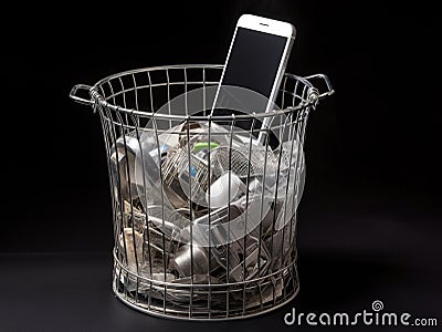 A cell phone falls into the trash can. An old broken phone. Generation AI Stock Photo