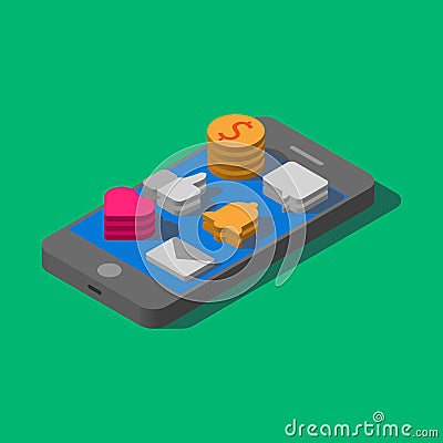 Cell phone. Flat isometric. Mobile device. Grey smartphone. Vector Illustration