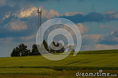 Cell phone pole standing alone in farmland Stock Photo