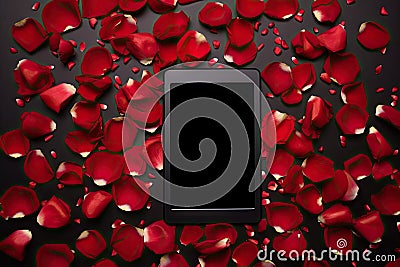 A cell phone surrounded by rose petals Stock Photo