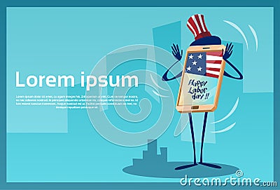 Cell Smart Phone Silhouette City Background American Labor Day USA Holiday Vector Illustration