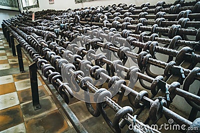 metal shackles of the Khmer Rouge torture weapon. Cell - Tuol Sleng Museum S21 Prison , Phnom Penh, Cambodia Editorial Stock Photo