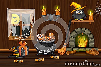 Cellar house, illustration interior wooden room with halloween symbols and fireplace Vector Illustration