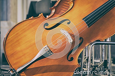 Cello classical instrument on an empty stage. Stock Photo