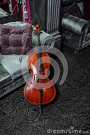 Cello on grey couch Stock Photo