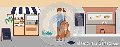 Cello player. Man playing violoncello on city street. Fastfood and pastry kiosks. Musician with musical instrument Vector Illustration