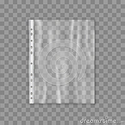 Cellophane business file. A4 size. Empty plastic bag. Document protector. Transparent plastic sleeve isolated Vector Illustration