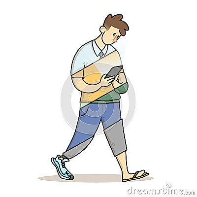 Cellphone addicted young man in different seasons clothing walking staring on the phone in his hand. Mobile phone Vector Illustration