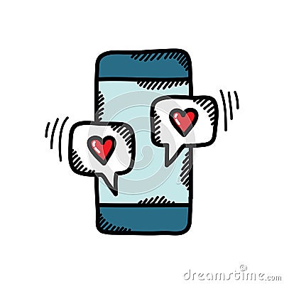 Cellphone with love messages doodle icon, vector illustration Cartoon Illustration