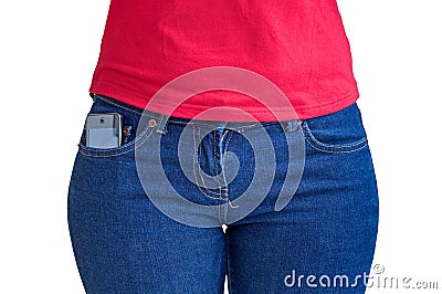 Cellphone sticking out of a jeans pocket Stock Photo