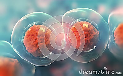 Cells under a microscope. Research of stem cells. Cellular Therapy. Cell division Cartoon Illustration