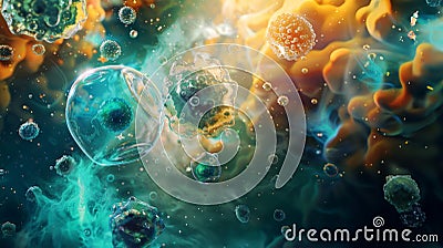 Cellular molecular processes with various cell types and intracellular structures in motion. Colorful abstract background Stock Photo