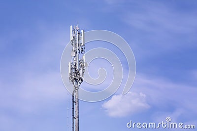 Cellular phone antennas 5G. Technology on the top of the telecommunication tower 4G, 3G . Telecommunication mast television Stock Photo