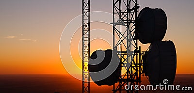 Cellular Radio Wave Communication Towers Evening Sunset Horizon Stock Photo