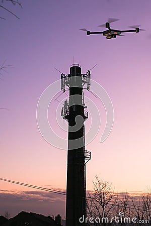 cellular signal tower inspecting and detecting drone Stock Photo