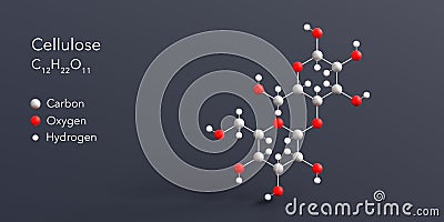 cellulose molecule 3d rendering, flat molecular structure with chemical formula and atoms color coding Stock Photo