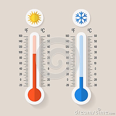 Celsius and fahrenheit meteorology thermometers measuring heat or cold, vector illustration Vector Illustration