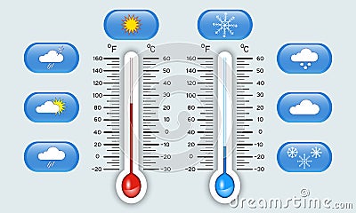 Celsius and fahrenheit meteorology thermometers showing hot and cold temperature, set of weather icons, indicators, vector. Vector Illustration