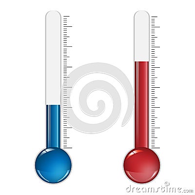 The thermometer measures heat and cold from the sun and snowflakes. Blue and red thermometers. Cartoon Illustration