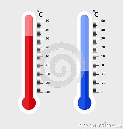 Celsius meteorology thermometers measuring. heat and cold, vector illustration. Thermometer equipment showing hot or Vector Illustration