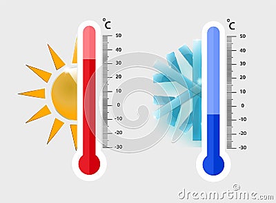 Celsius meteorology thermometers measuring. heat and cold, vector illustration. Thermometer equipment showing hot or Vector Illustration