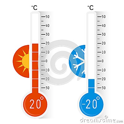 Celsius meteorology thermometers measuring heat and cold, vector illustration. Thermometer. Hot, cold. Cartoon Illustration