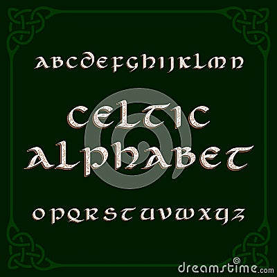 Celtic alphabet font. Distressed letters and knot frame. Vector Illustration