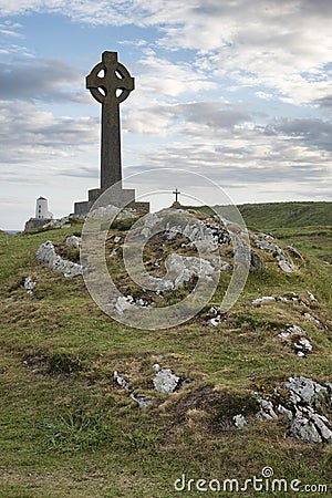 Celtic cross concept landscape in Ynys Llanddwyn Island in Angle Stock Photo